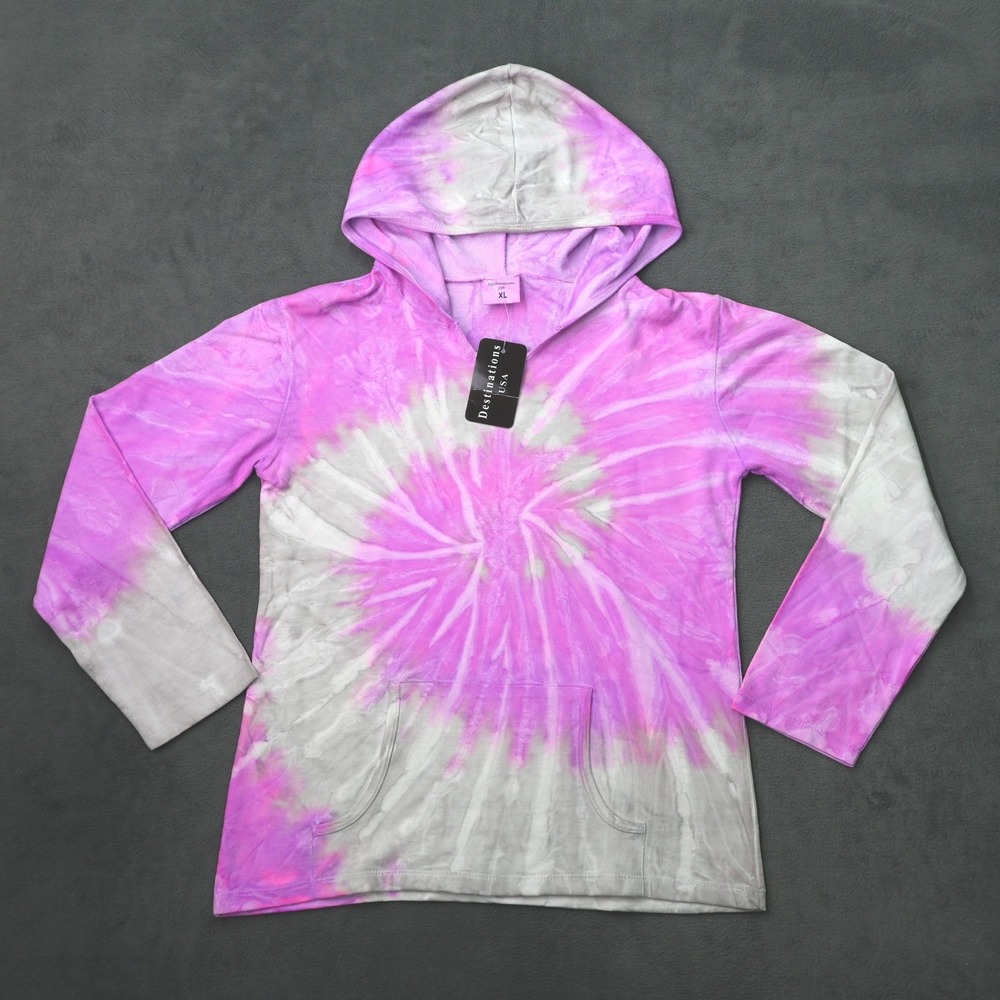 Destinations USA Tie Dye Hoodie Womens XL Pink Grey NEW Spiral Kangaroo Pocket